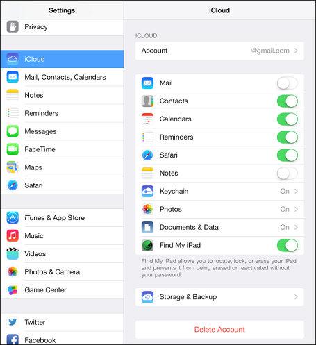 iPad iCloud settings with Contacts switched on