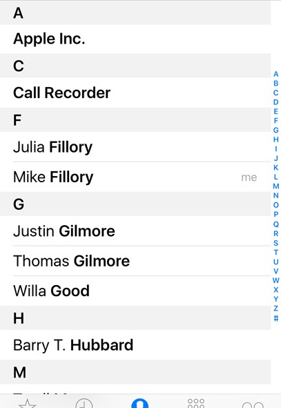 iPhone Contacts app contact list