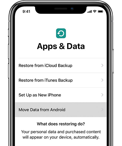 iPhone Apps & Data setup screen with Move Data from Android selected