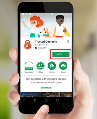 Trusted Contacts app page in Google Play with the Install button highlighted