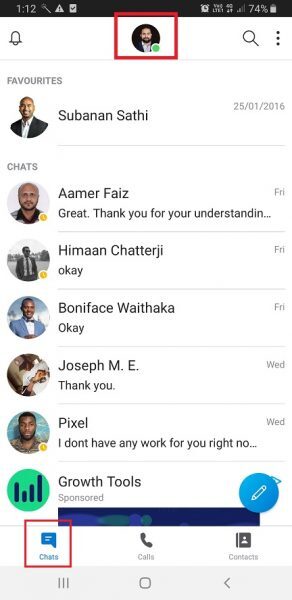 Skype on Android with the profile picture and the Chats tab highlighted