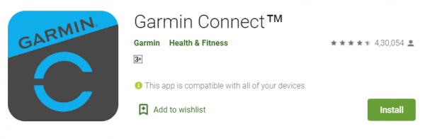 Garmin Connect app page in Google Play with the Install button
