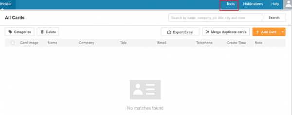 CamCard web app All Cards page with the Tools menu highlighted