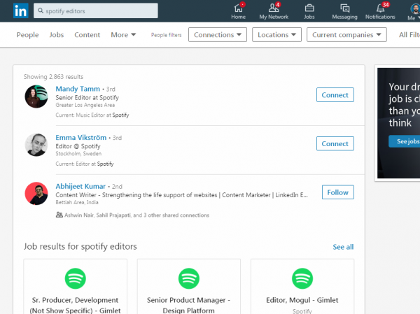 LinkedIn people search for Spotify editors, listing editors who work at Spotify