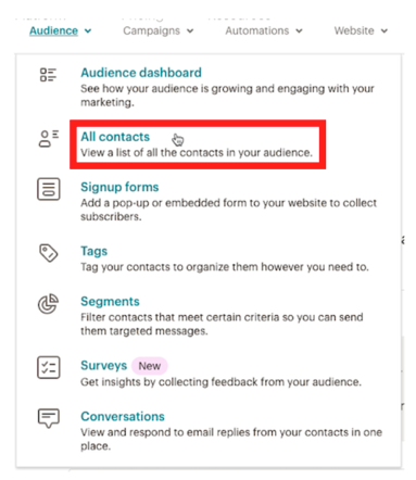 Mailchimp Audience menu with All contacts highlighted