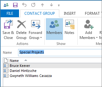 Outlook contact group open in the Contact Group tab, listing its members