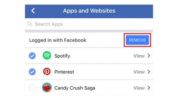 Facebook Apps and Websites settings with Spotify ticked and the Remove button highlighted