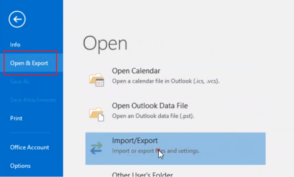 Outlook Open & Export page with Open & Export and Import/Export highlighted