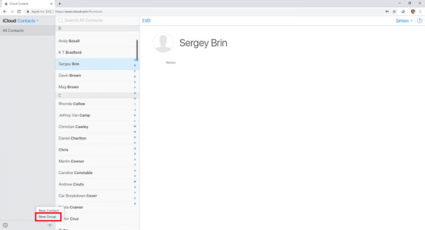 iCloud Contacts with the plus menu open and New Group highlighted