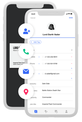 Covve Scan contact created from a scanned business card, with call, email and map options