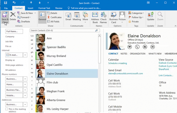 Outlook contacts list with the contact card of the selected contact