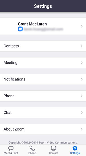 Zoom mobile app Settings, listing Contacts, Meeting, Notifications and Phone