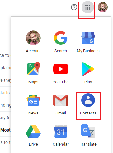 Google apps menu opened from the grid icon, with Contacts highlighted