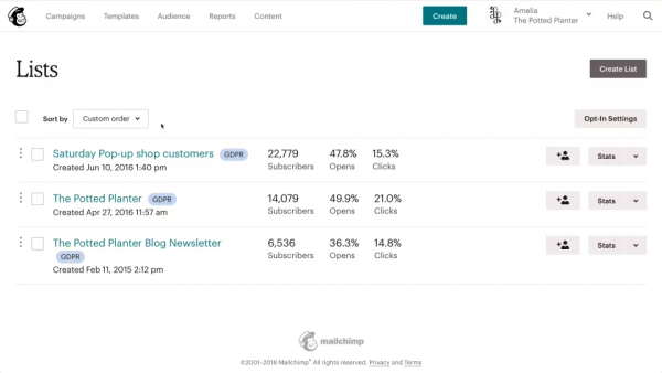 Mailchimp Lists page showing three audiences with subscribers, opens and clicks