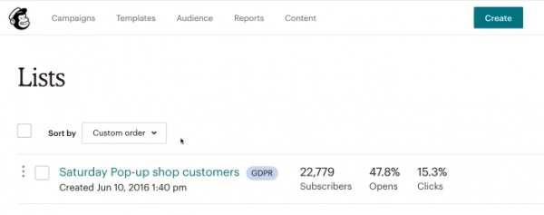 Mailchimp top menu with Audience, above the Lists page