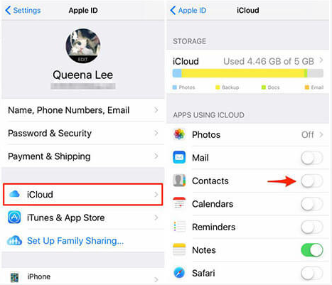 iPhone Apple ID settings with iCloud highlighted, then the iCloud Contacts switch