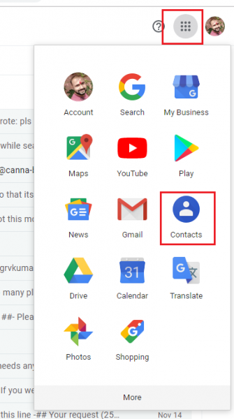 Gmail Google apps menu opened from the grid icon, with Contacts highlighted