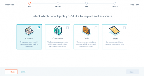 HubSpot Import files step 1 with Contacts selected among the objects to import