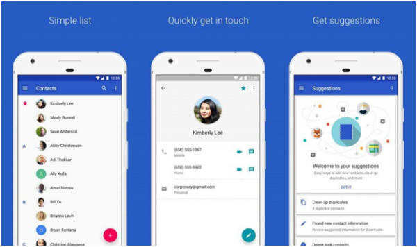 Google Contacts app on Android: the contact list, a contact's details and suggestions