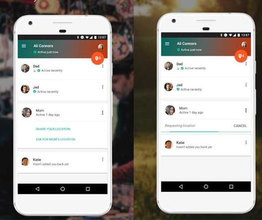 Trusted Contacts app listing contacts, with Share your location and a location request in progress