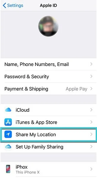 iPhone Apple ID settings with Share My Location highlighted
