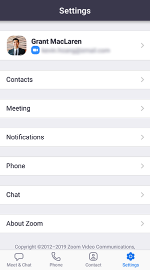 Zoom mobile app Settings with Contacts and Meeting options