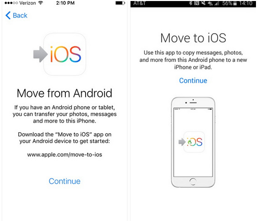 Move from Android screen on the iPhone and the Move to iOS app on Android, each with Continue