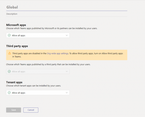 Microsoft Teams admin app permission policy, with third party apps disabled in the org-wide app settings