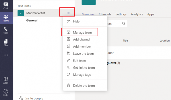 Microsoft Teams team menu opened from the three dots with Manage team highlighted