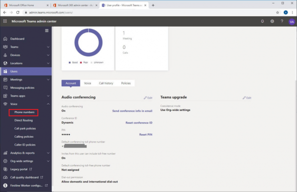 Microsoft Teams admin center with Phone numbers highlighted under Voice