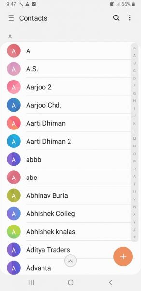 Android Contacts app listing all contacts