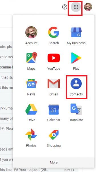 Google apps menu opened from the grid icon, with Contacts highlighted