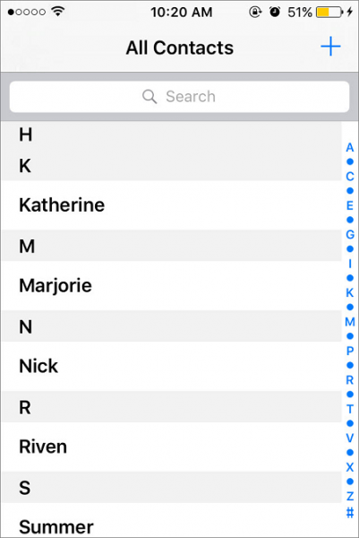 iPhone All Contacts list in the app used to pick a contact