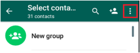 WhatsApp Select contact screen on Android with the three-dot icon highlighted