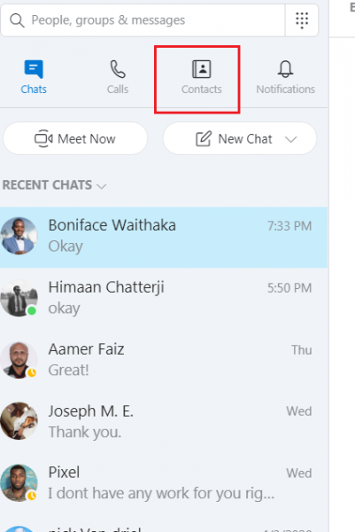 Skype sidebar with the Contacts tab highlighted