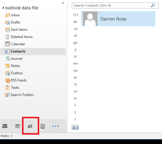 Outlook Contacts folder with the People icon highlighted in the navigation bar