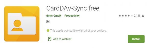 CardDAV-Sync free app page in Google Play with the Install button