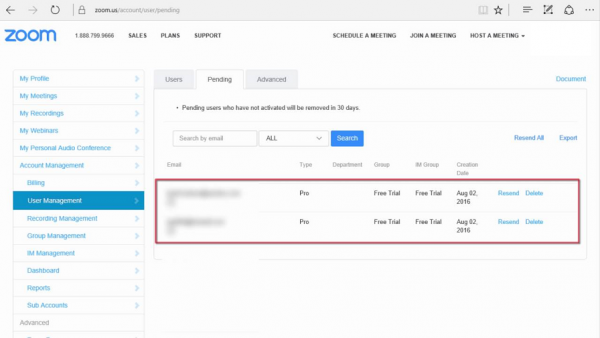 Zoom User Management Pending tab with the users to delete highlighted