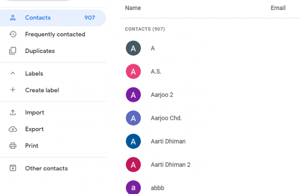 Google Contacts web app showing the contact list, with labels, Import and Export in the sidebar