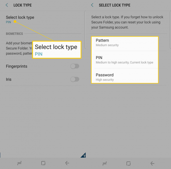 Android lock type settings choosing between Pattern, PIN and Password
