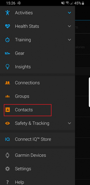 Garmin Connect app menu with Contacts highlighted