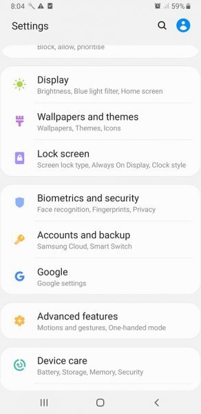Android Settings with Accounts and backup in the list