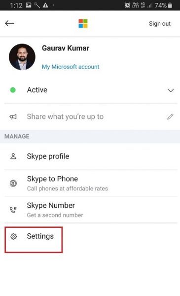 Skype profile menu on Android with Settings highlighted