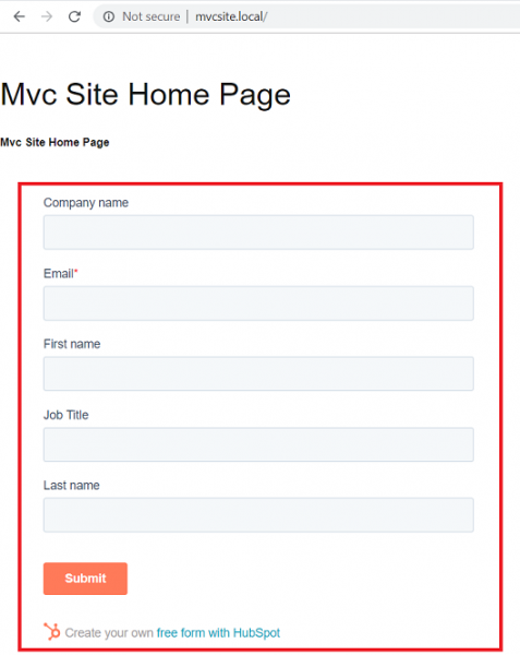 HubSpot form on a website asking for company name, email, first name, job title and last name