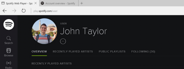 Spotify Web Player user profile with the Public Playlists tab