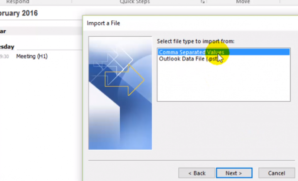 Outlook Import a File dialog with Comma Separated Values selected