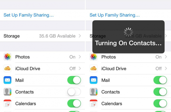 iPhone iCloud settings with Contacts switched off, then Turning On Contacts