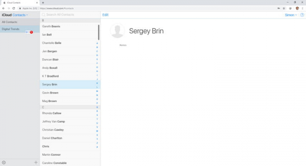 iCloud Contacts with the new group added in the sidebar