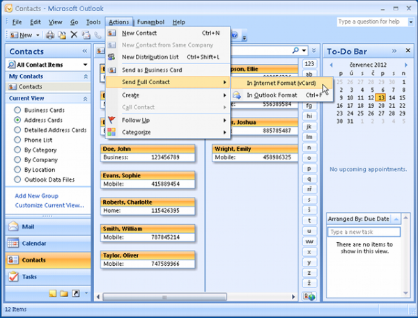 Outlook Actions menu with Send Full Contact and In Internet Format (vCard) highlighted