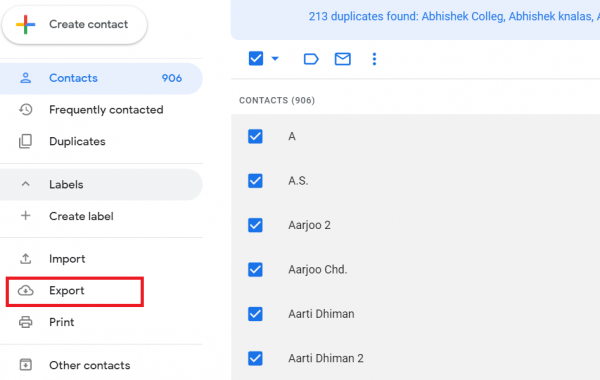 Google Contacts with all contacts ticked and Export highlighted in the sidebar